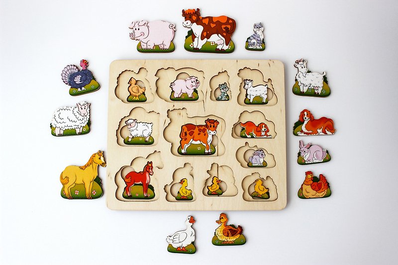 Wooden Puzzle - animals and cubs young, Montessori toddler toy, Stack Board game - 嬰幼兒玩具/毛公仔 - 木頭 金色