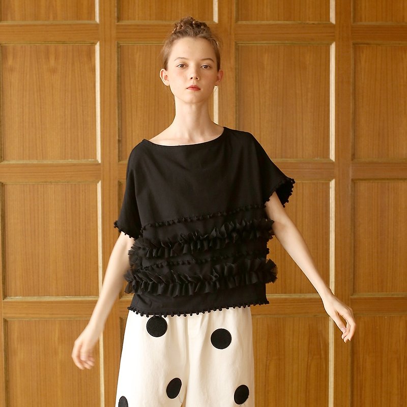 Ball tassel lace top, two colors available - imakokoni - เสื้อผู้หญิง - ผ้าฝ้าย/ผ้าลินิน สีดำ
