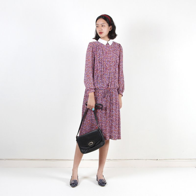 [Egg plant ancient] Showa light years long-sleeved ancient dress - One Piece Dresses - Polyester Purple