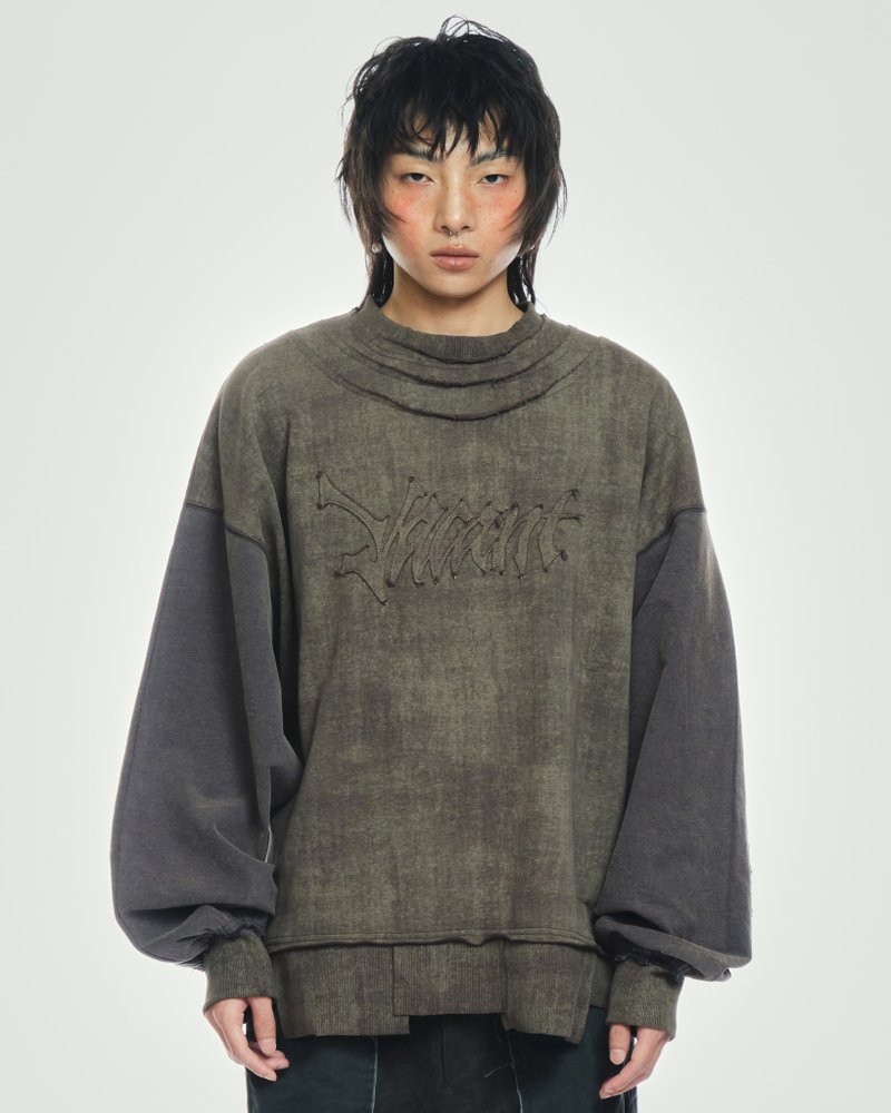 Washed High Neck Sweater - เสื้อฮู้ด - ผ้าฝ้าย/ผ้าลินิน สีเทา