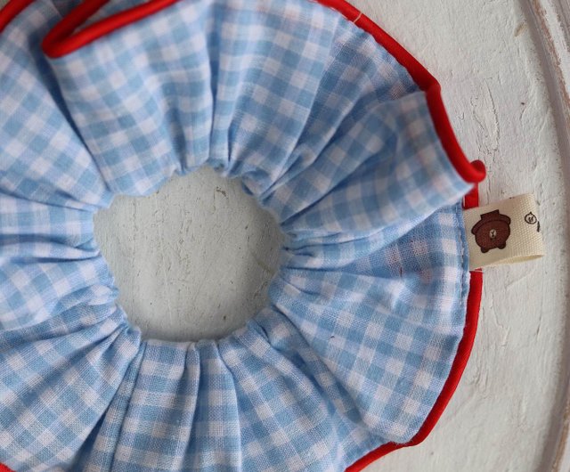 ブルーチェック柄コットン製 ハンドメイドシュシュ ヘアアクセサリー