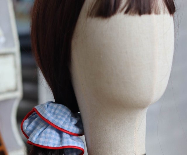 人気⭐️/ヘアゴム 青 チェック柄 シュシュ ブルーチェック柄コットン製 ハンドメイドシュシュ ヘアアクセサリー
