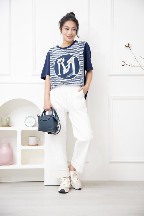 Meya 編縫編織 M字灰色格子短袖上衣 深藍色