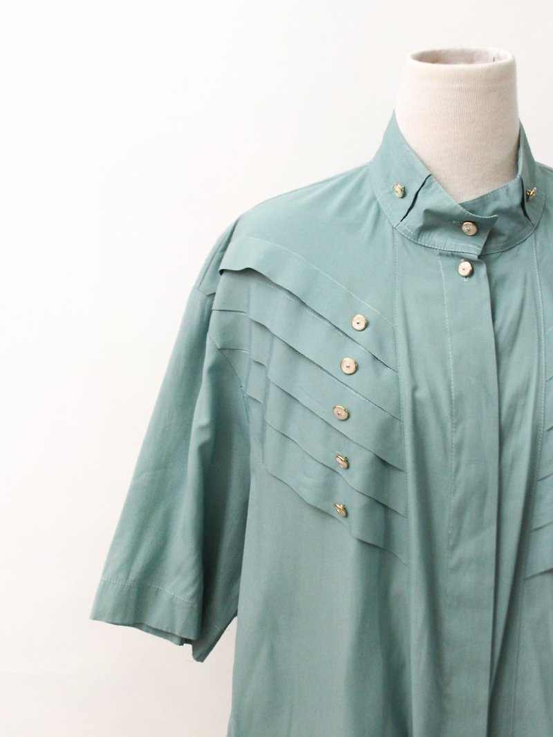 復古歐洲早春寬鬆特殊剪裁短袖藍綠色古著襯衫 - 恤衫 - 聚酯纖維 綠色
