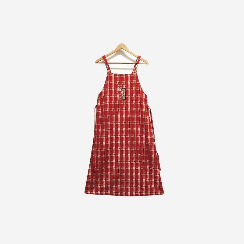 Discolored ancient / snoopy red plaid vest dress (bandage) no.274 vintage - ชุดเดรส - เส้นใยสังเคราะห์ สีแดง