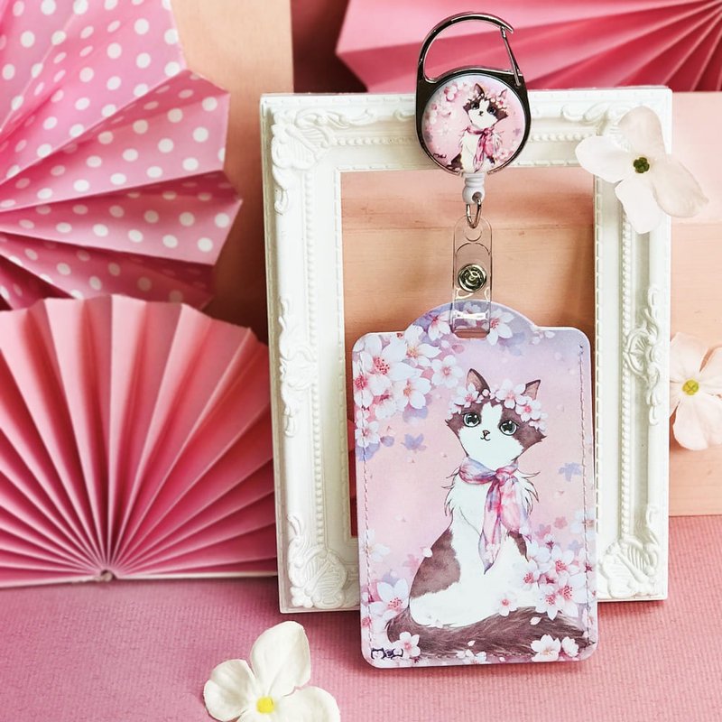 Retractable card holder | ID card holder | Youyou card holder - Sakura Cat - ID & Badge Holders - Faux Leather Pink