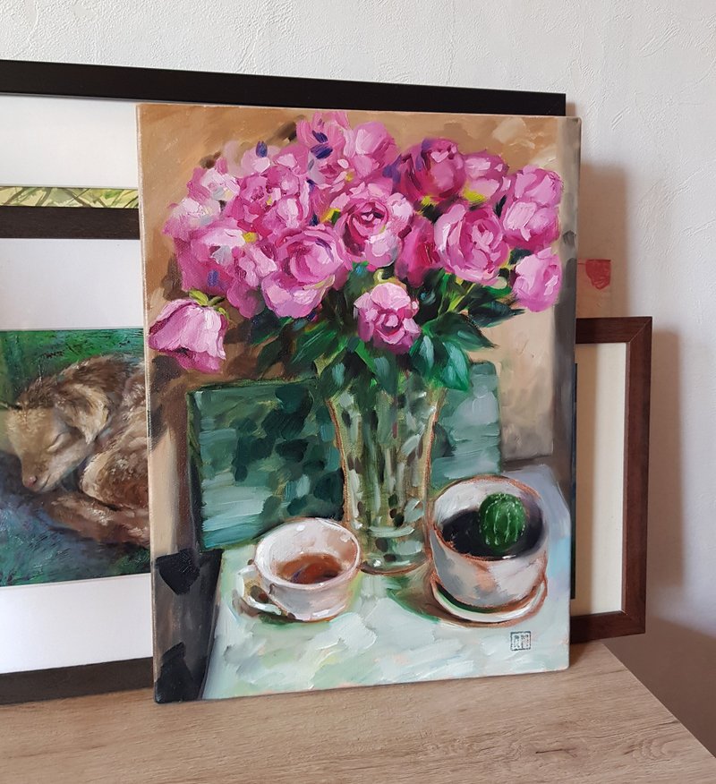 Original cute bouquet of roses - artwork - hand painted - oil painting - 插畫/繪畫/寫字 - 其他材質 粉紅色