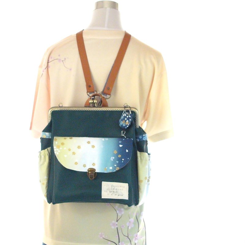  3 WAY Right zipper compact Japanese pattern backpack Viridian green × Sakuraguk - กระเป๋าเป้สะพายหลัง - หนังแท้ สีเขียว