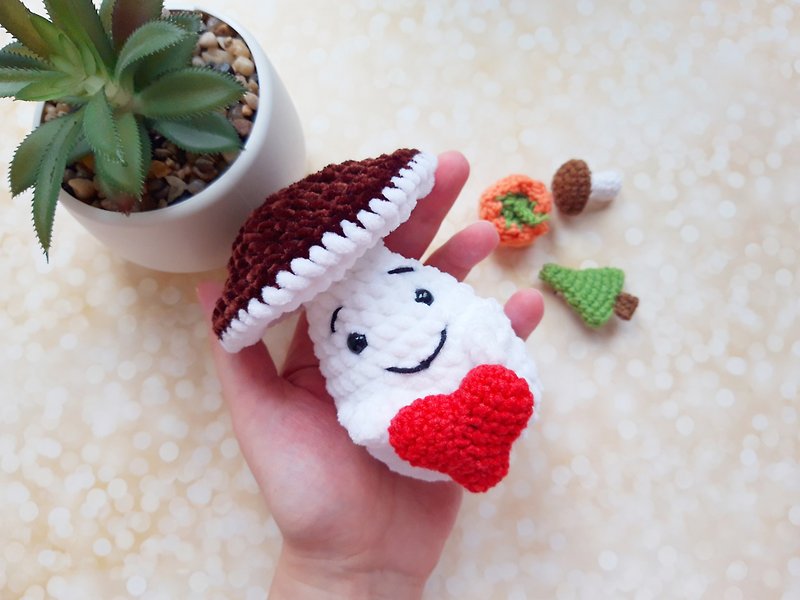 Crochet plush mushroom decor, mushroom pin, pumpkin pin, heart pin, tree pin