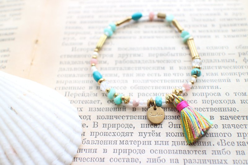 Colorful summer-natural stones tassel brass bracelet - Bracelets - Other Metals Multicolor