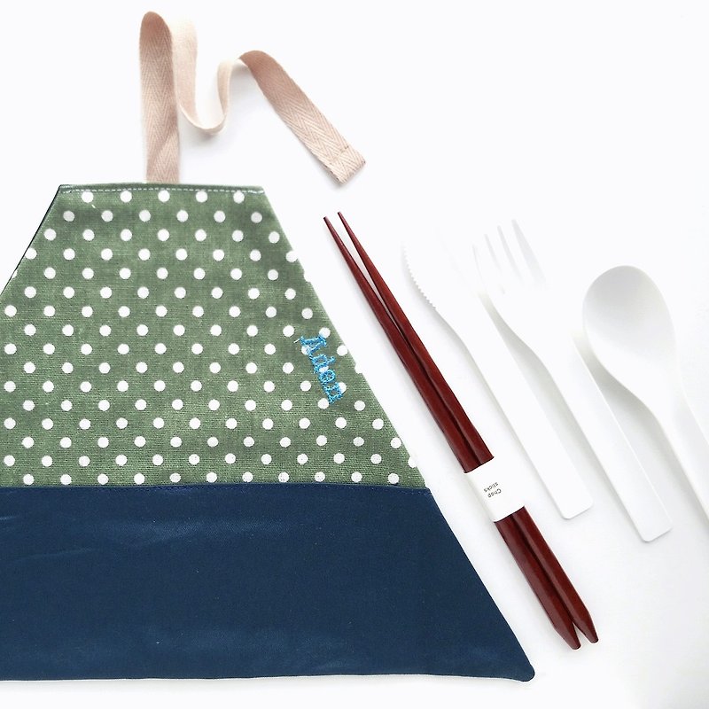 餐具袋 餐具套 (墨綠圓點) | 自選素色面料 | 客製化 繡字 - 筷子/筷子架 - 棉．麻 藍色