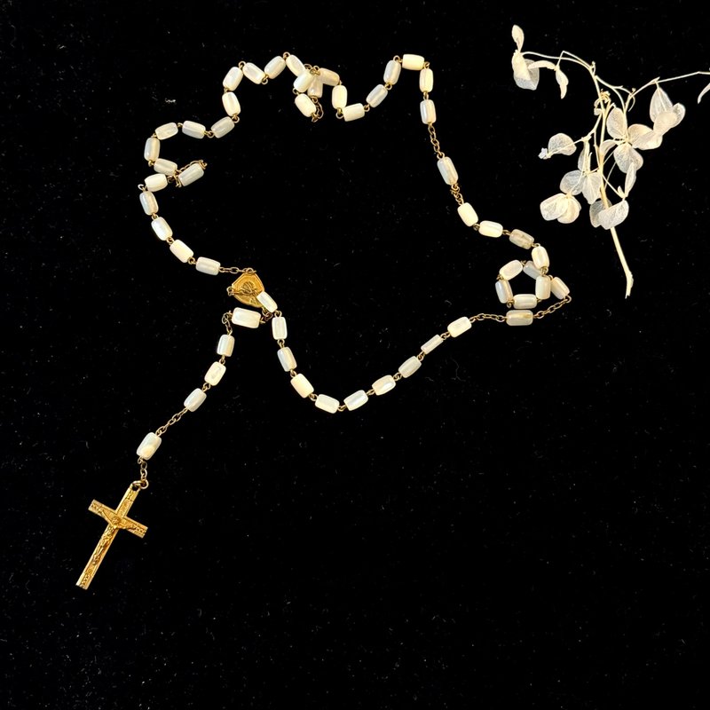 50912-Elegant French Antique Mother-of-Pearl rosary Necklace - Necklaces - Other Materials 