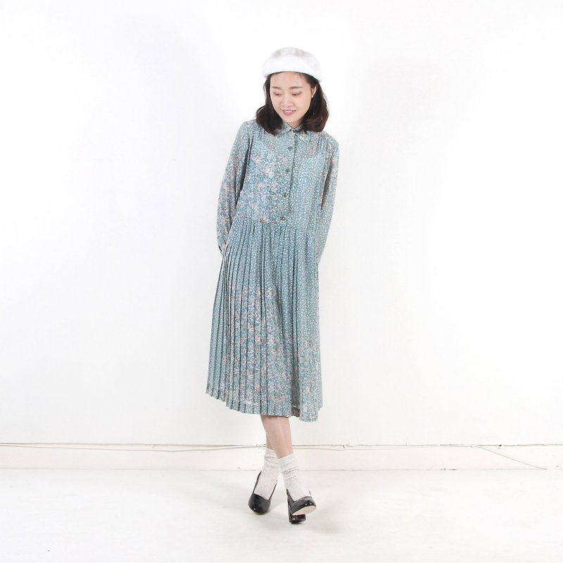 Vintage】 【egg plant Jade Bird Garden printing vintage dress - One Piece Dresses - Polyester Green