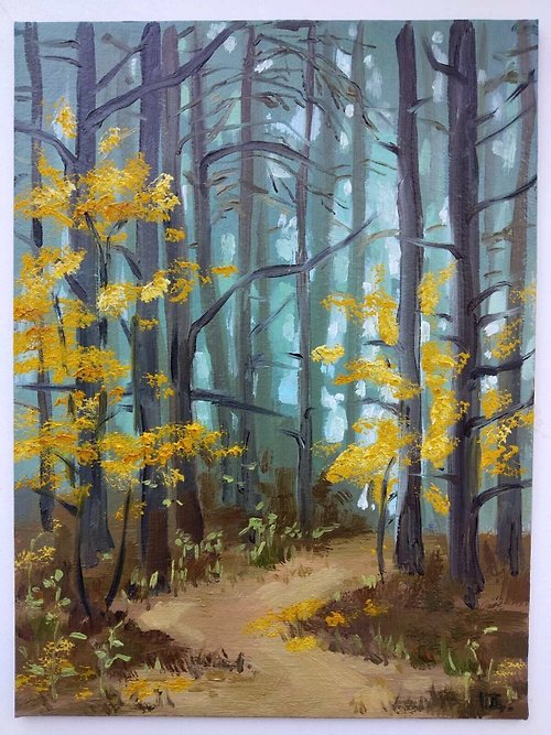 Diven.art original oil painting foggy forest autumn painting trees in the fog forest path
