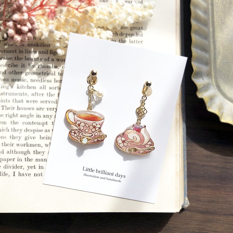 Plastic Earrings & Clip-ons Pink - Teaset earring Sakura Sakura tea cup and sweets set Clip-On