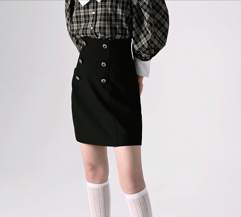 French retro high waist double breasted mini skirt hip skirt - กระโปรง - เส้นใยสังเคราะห์ สีดำ