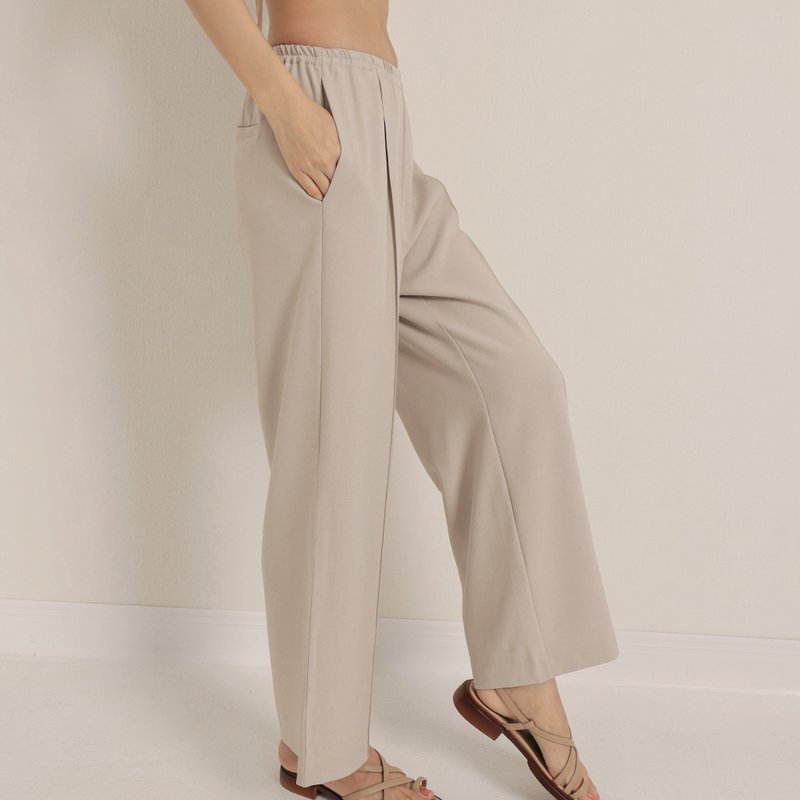 Elegant elastic waist wide trousers-beige - กางเกงขายาว - เส้นใยสังเคราะห์ ขาว