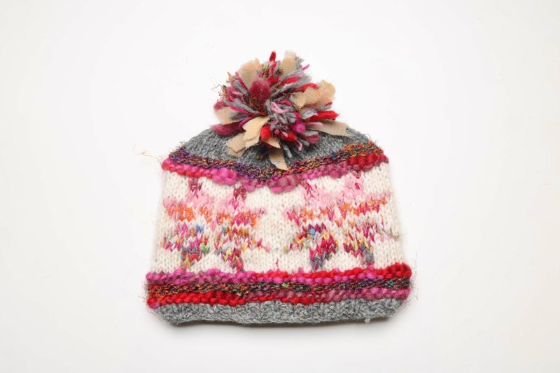 Milky white rainbow snowflake pure wool thread hand-knitted half-lined windproof fur hat | Exchange gifts | Christmas gift - Hats & Caps - Wool White