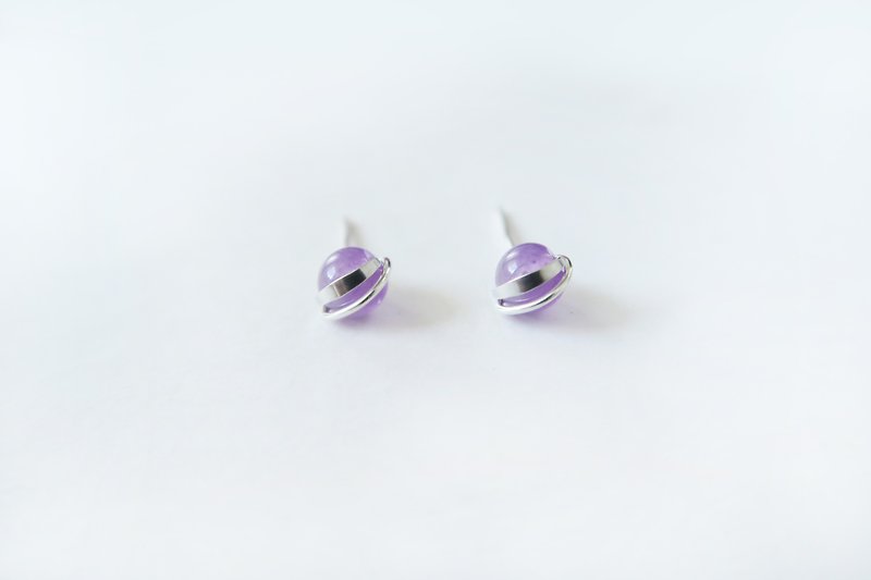 925純銀 小巧亮紋 天然紫水晶 耳針耳環 一對 - 耳環/耳夾 - 純銀 紫色
