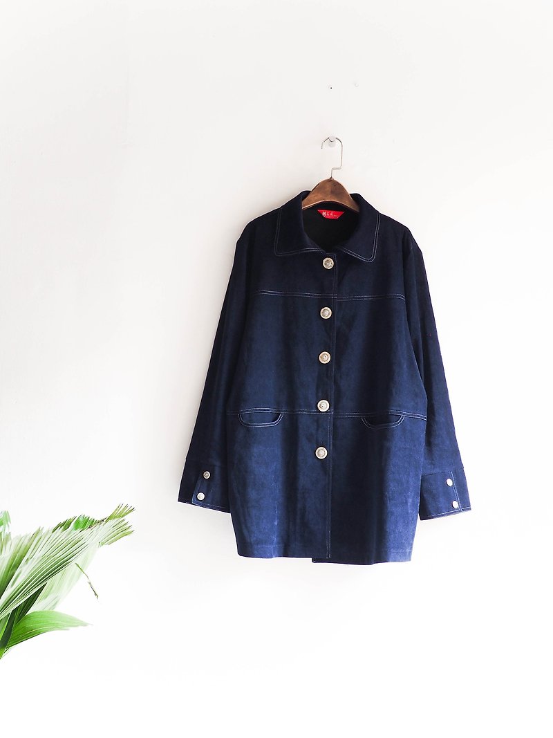 River water - very dark blue blue Sentimental look of the poem velvet antique shirt jacket coat vintage neutral shirt oversize vintage - เสื้อเชิ้ตผู้หญิง - ผ้าฝ้าย/ผ้าลินิน สีน้ำเงิน