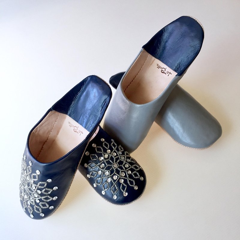 Babouche slippers バブーシュ ドゥミ グレーとノアラネイビー　セット - 其他 - 真皮 藍色