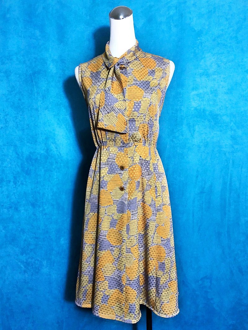 Bow tie sleeveless vintage dress / Bring back VINTAGE abroad - One Piece Dresses - Polyester Yellow