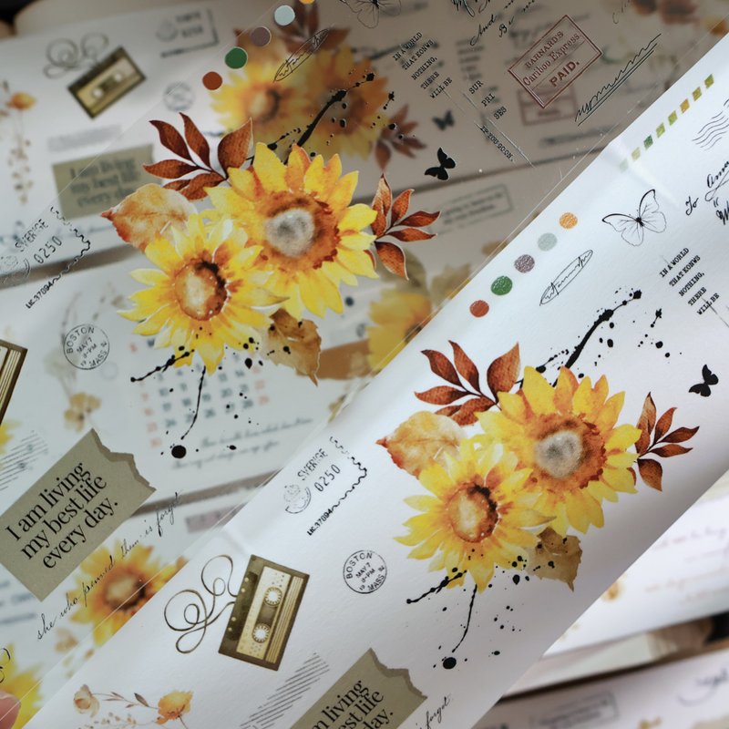 向日葵  復古花卉PET 和紙膠帶 - 紙膠帶/和紙/PET - 其他材質 咖啡色