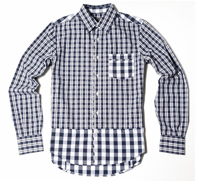 Blue and white plaid stitching long-sleeved shirt - เสื้อเชิ้ตผู้ชาย - ผ้าฝ้าย/ผ้าลินิน 