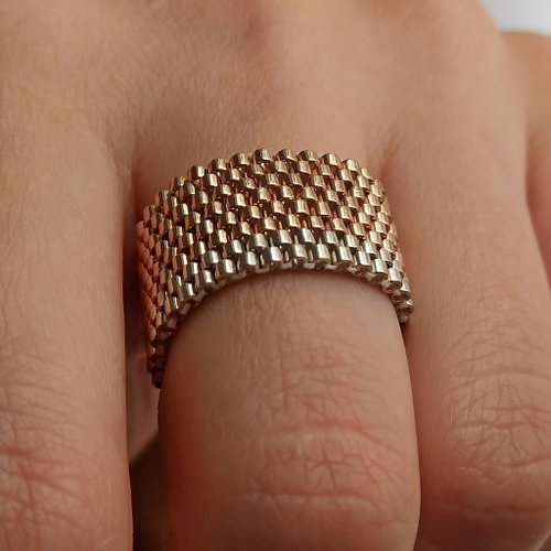 古代ビーズ　ハンドメイド　シルバーリング ゴールド、シルバービーズリングハンドメイドジュエリーワイド