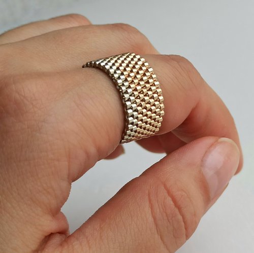 古代ビーズ　ハンドメイド　シルバーリング クリスタル 編み込みシルバービーズリング 指輪・リング Z＊F