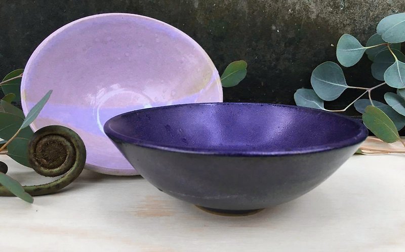 Fruit earthenware Lingo deep blue / purple rice bowl white tray - Small Plates & Saucers - Pottery Blue