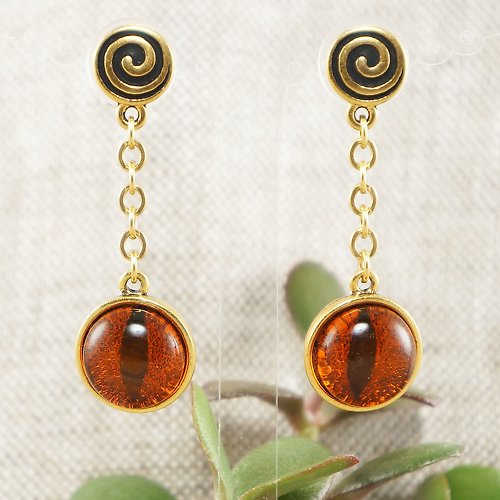 AGATIX Fire Red Orange Glass Cat Eye Evil Eye Gold Spiral Protection Earrings Jewelry