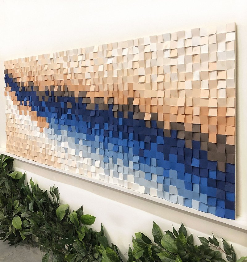 Wood mosaic 3D wall decoration WATERFALL. Abstract art in Blues, beige, brown - Wall Décor - Wood Multicolor