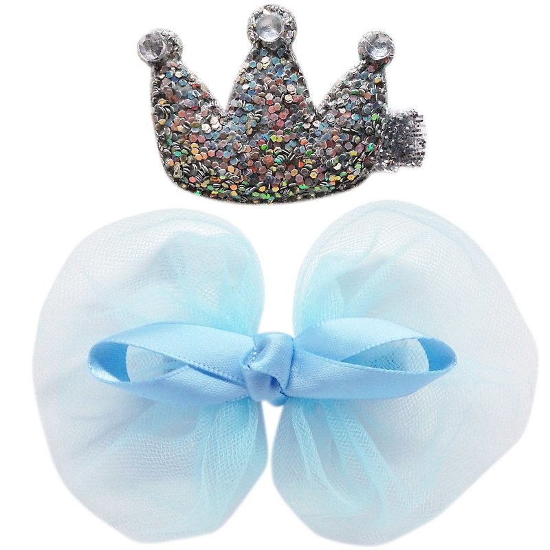 皇冠與雪紡蝴蝶結髮夾兩入組 全包布手工髮飾Crown & Bow-Sky - 髮飾 - 聚酯纖維 藍色