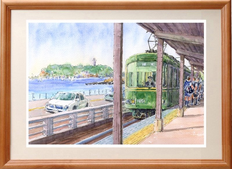 Watercolor picture original picture Enoshima and Eno - Posters - Paper Green