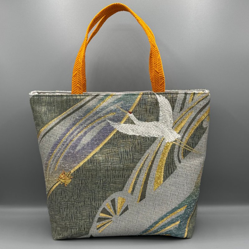 和服 腰帶 腰帶繩 手工 托特包 改造 藍 金 鶴 - 手袋/手提包 - 絲．絹 金色