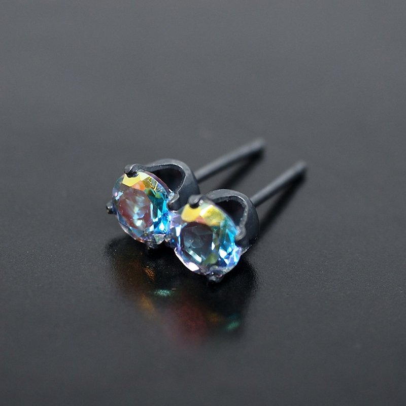 Unicorn Mystic Quartz Dainty Stud Earrings - Black Sterling Silver - 5mm Round - Earrings & Clip-ons - Other Metals Multicolor