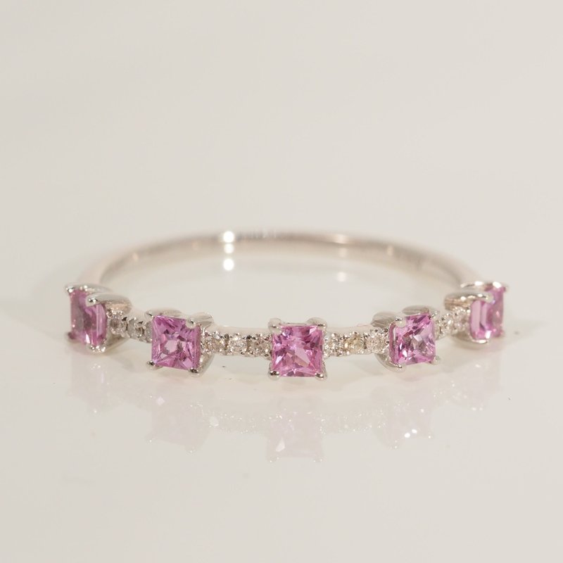 18K Gold Pink Sapphire Square Diamond Ring - แหวนทั่วไป - เครื่องประดับ 