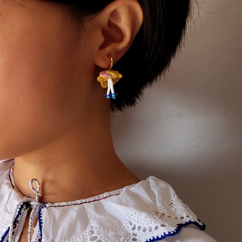 DUNIA handmade /Flower and fruit hand-sewn beaded cloth earrings/ - yellow with pink - Earrings & Clip-ons - Cotton & Hemp Multicolor