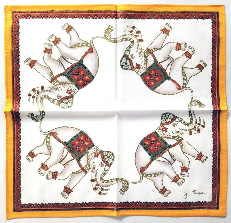 Jim Thompson Vintage Handkerchief 4 Royal Elephants 16.5 x 16 inches - 手帕 - 棉．麻 橘色
