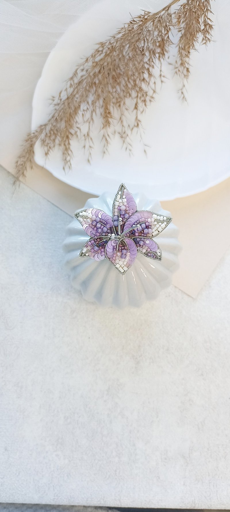 Delicate flower pin as a gift for a girl and a woman, hand-embroidered flower br - Brooches - Stainless Steel Silver