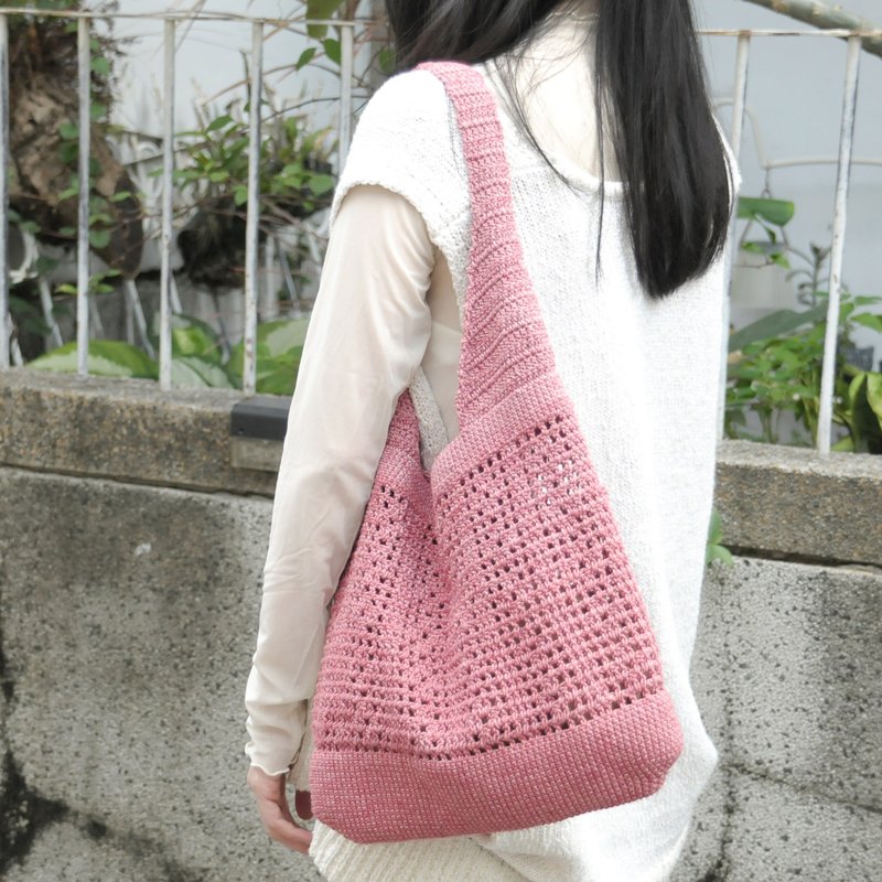 櫻花波波側背亞麻繩編織包/亞麻繩編織編織/側背 - 側背包/斜背包 - 棉．麻 粉紅色