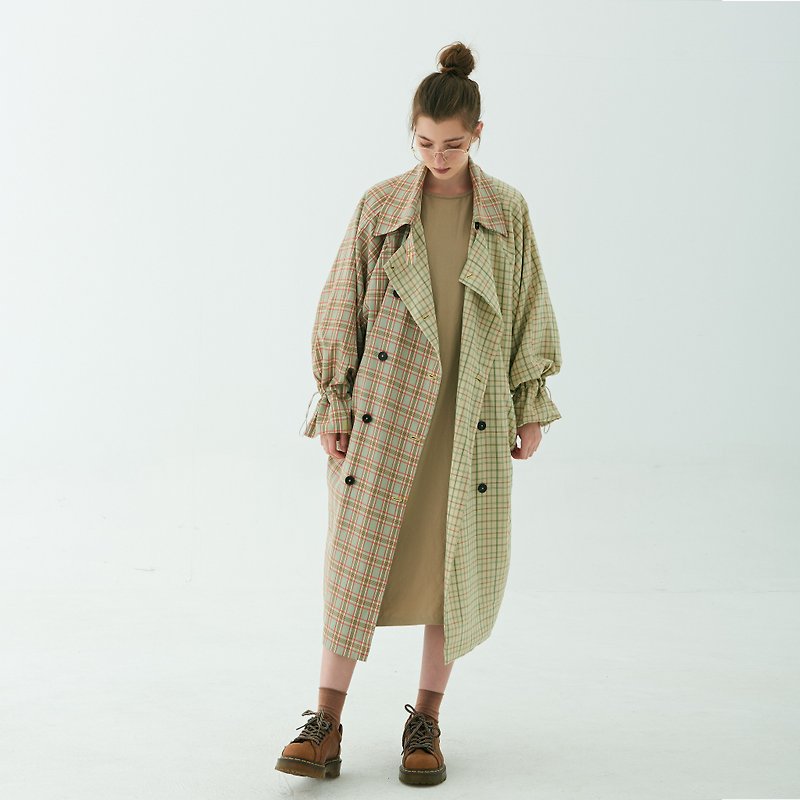 YELLOW PLAID STITCHING SOFT LONG COAT  CARAMEL COLOUR  WINDBREAKER - Women's Blazers & Trench Coats - Cotton & Hemp Brown