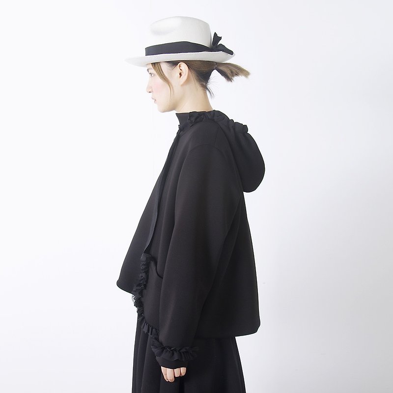 Lace flower black air layer hooded cotton jacket - imakokoni - เสื้อแจ็คเก็ต - ผ้าฝ้าย/ผ้าลินิน สีดำ