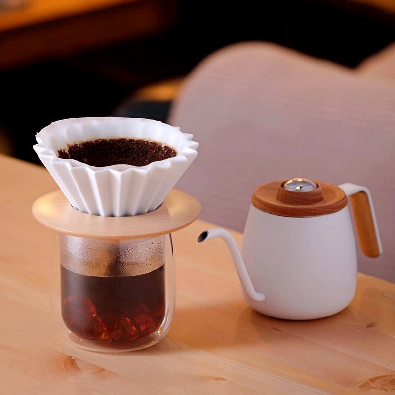 TAMAGOxORIGAMI單人咖啡品味組 手沖壺濾杯雙層玻璃杯 金點設計獎 - 咖啡壺/咖啡器具 - 不鏽鋼 白色