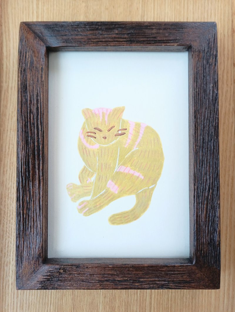 Illustration Cat Neko Neko Cat Lightweight wooden frame Postcard size Hand-painted One-of-a-kind Room decoration Display - Posters - Paper Gold