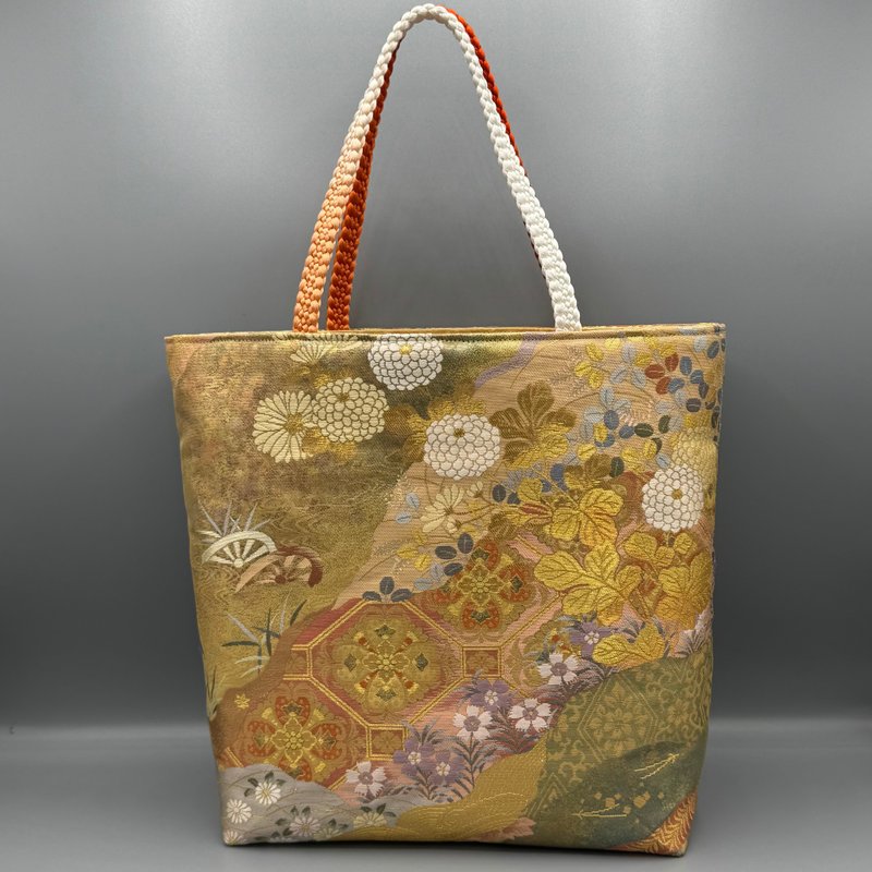 着物 帯 帯締め ハンドメイド トートバッグ リメイク 金 菊 - 手提包/手提袋 - 絲．絹 金色
