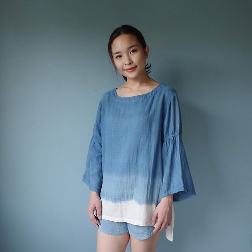 linnil Relax blouse~indigo shade / round-neck / natural dye double soft cotton
