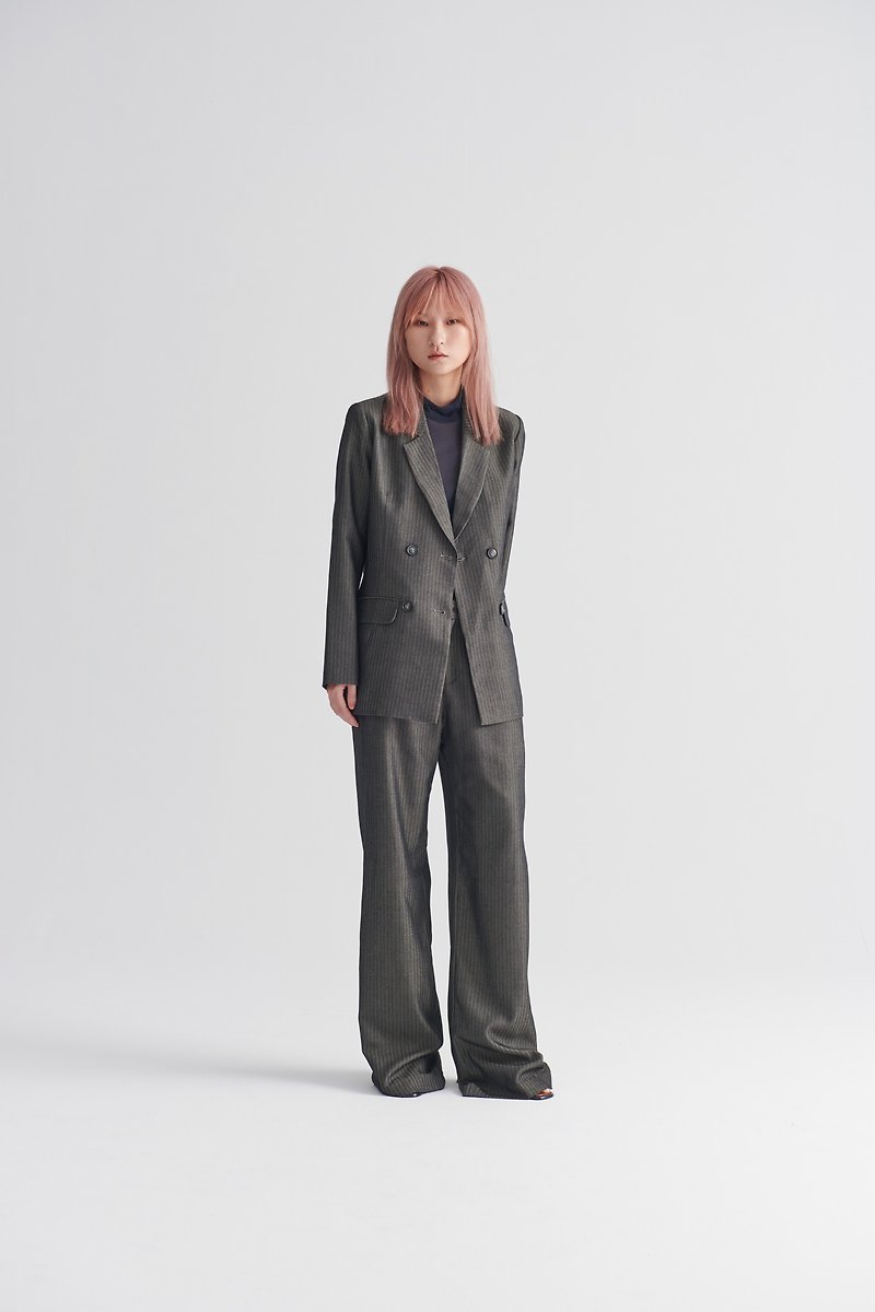 Shan Yong black and gray striped double-breasted blazer - Women's Blazers & Trench Coats - Cotton & Hemp 