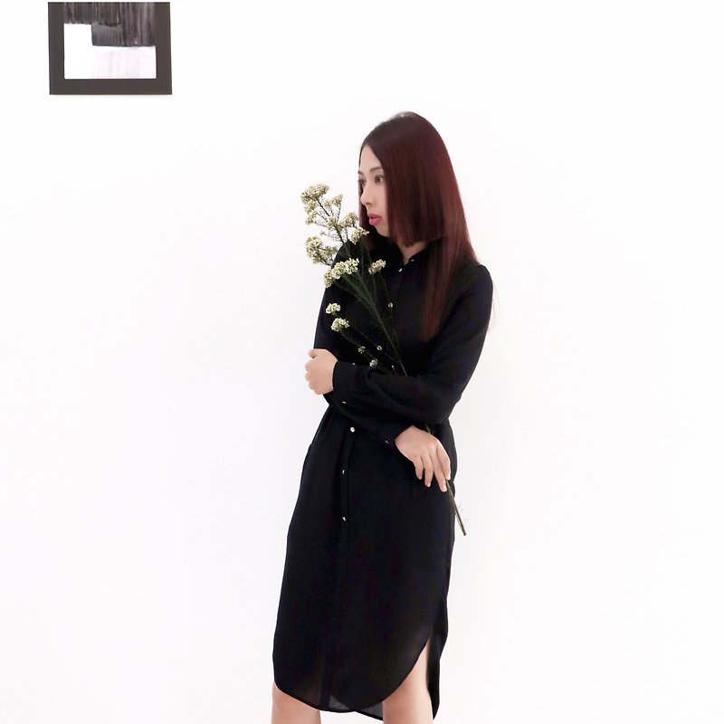 近代的なファッションマイクロシフォン糸ジョーの糸黒いシャツベルトドレスドレス 秋冬 - ワンピース - 紙 ブラック